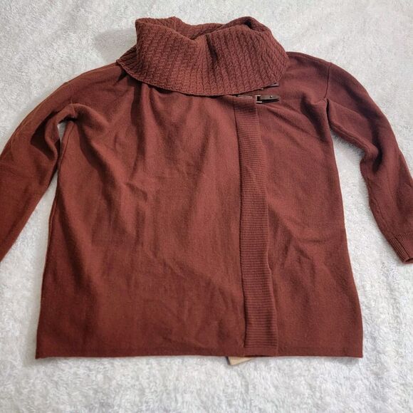 Ellen Tracy 100% Extrafine Merino Wool Leather Buckle Brown Cowlneck Cardigan  M - Picture 3 of 12